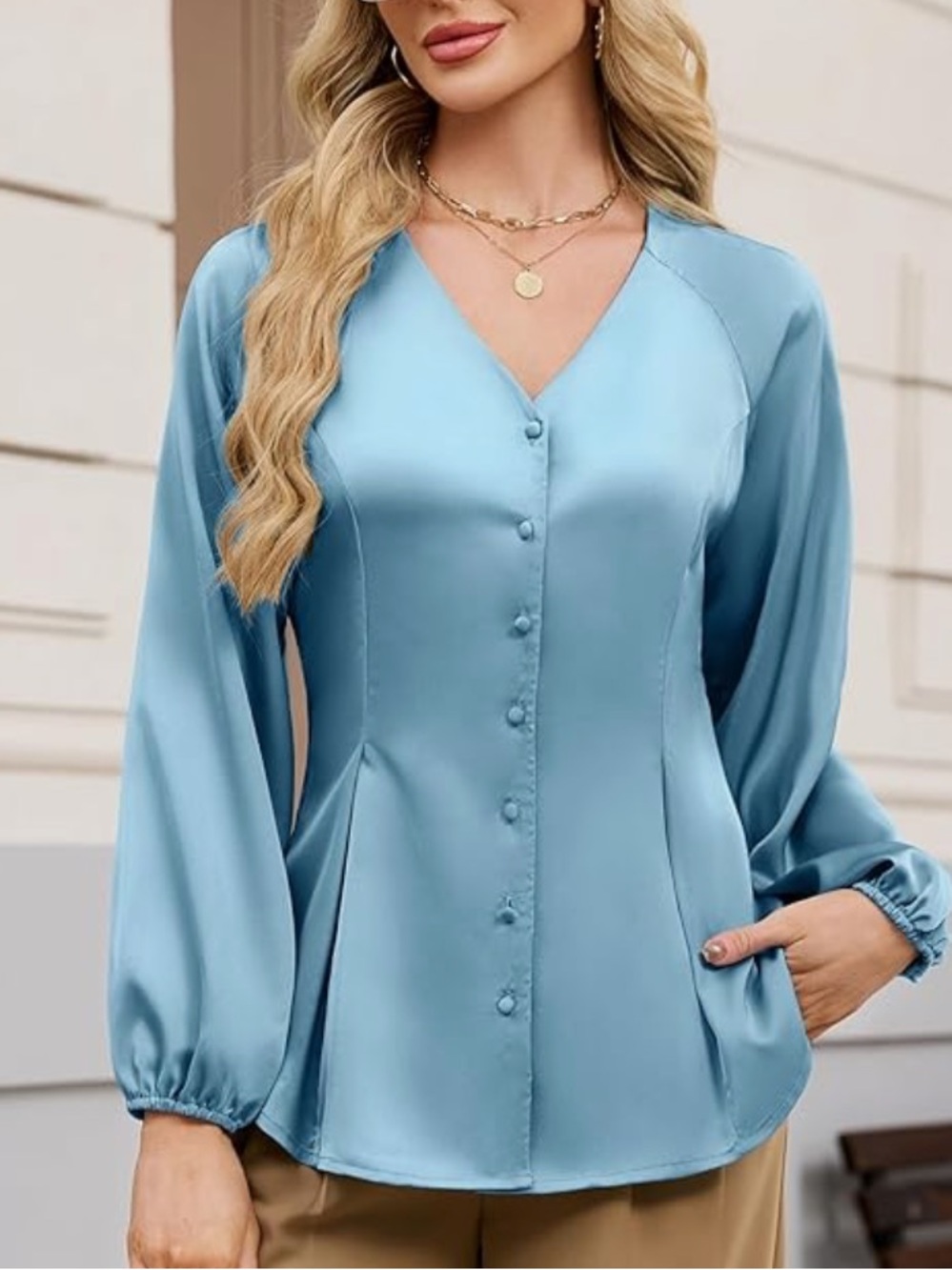 Chic Nation Light Blue Satin Button-Front V-Neck Blouse